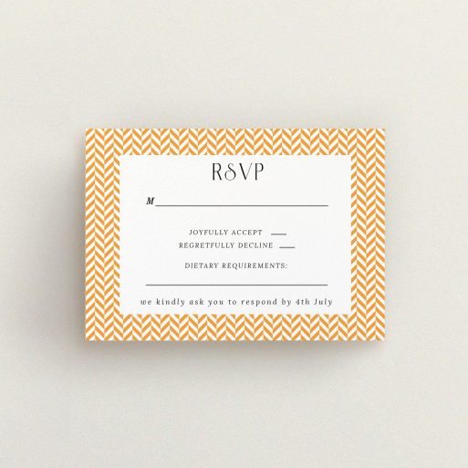 Wedding Response Card Design - "Orange Houndstooth" A wedding response card called "Orange Houndstooth". It is an A7 card in a landscape orientation. "Orange Houndstooth" is available as a flat card, with tones of orange and white.