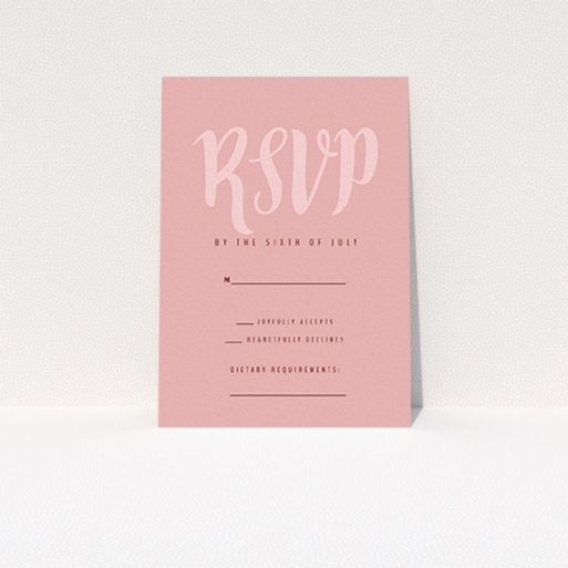 A wedding response card called "Pastel Pink Typography". It is an A7 card in a portrait orientation. "Pastel Pink Typography" is available as a flat card, with mainly pink colouring.