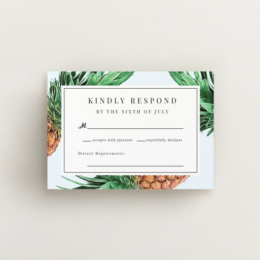 A wedding response card design titled "Pineapples falling". It is an A7 card in a landscape orientation. "Pineapples falling" is available as a flat card, with tones of light blue, green and brown.
