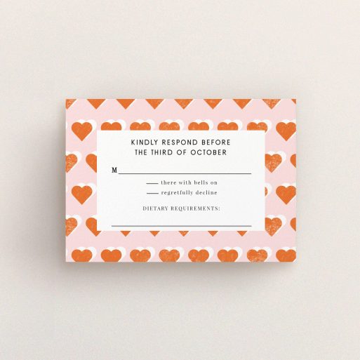 Wedding Response Card Design - "Rustic Hearts" A wedding response card called "Rustic Hearts". It is an A7 card in a landscape orientation. "Rustic Hearts" is available as a flat card, with tones of pink and orange.