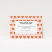 A wedding response card called "Rustic Hearts". It is an A7 card in a landscape orientation. "Rustic Hearts" is available as a flat card, with tones of pink and orange.