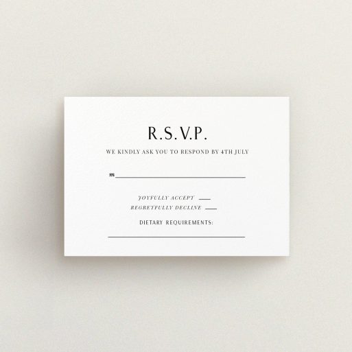 A wedding response card design titled "Simply Love". It is an A7 card in a landscape orientation. "Simply Love" is available as a flat card, with tones of white and black.
