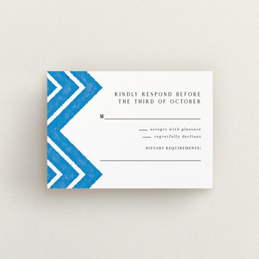 Wedding Response Card Design - "Skiapthos" A wedding response card template titled "Skiapthos". It is an A7 card in a landscape orientation. "Skiapthos" is available as a flat card, with tones of blue and white.