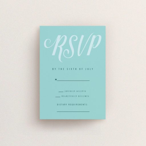 Wedding Response Card Design - "Slant Typography Mint Green" A wedding response card design titled "Slant Typography Mint Green". It is an A7 card in a portrait orientation. "Slant Typography Mint Green" is available as a flat card, with tones of blue and green.