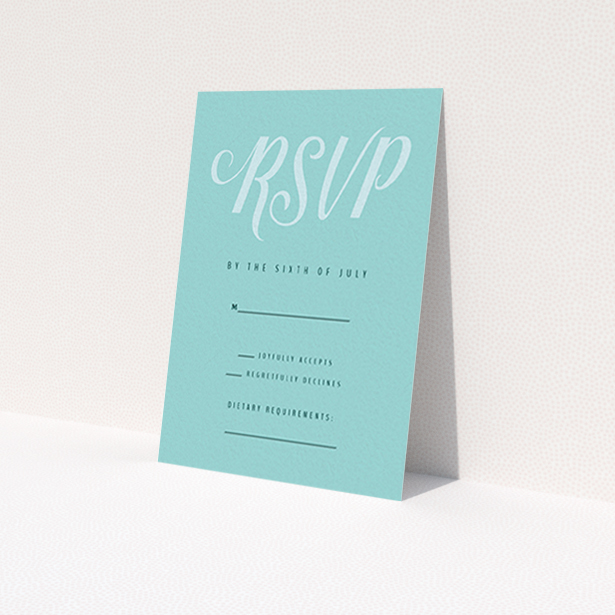A wedding response card design titled 'Slant Typography Mint Green'. It is an A7 card in a portrait orientation. 'Slant Typography Mint Green' is available as a flat card, with tones of blue and green.