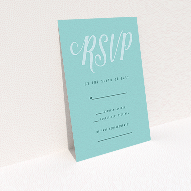 A wedding response card design titled "Slant Typography Mint Green". It is an A7 card in a portrait orientation. "Slant Typography Mint Green" is available as a flat card, with tones of blue and green.