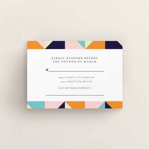 Wedding Response Card Design - "Sloane Squares" A wedding response card called "Sloane Squares". It is an A7 card in a landscape orientation. "Sloane Squares" is available as a flat card, with mainly orange colouring.