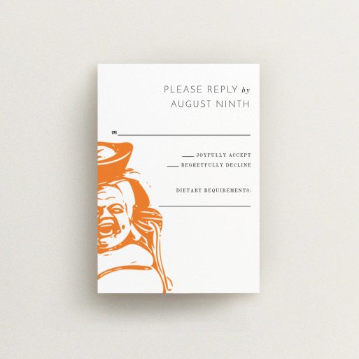 Wedding Response Card Design - "Spiritual orange" A wedding response card design called "Spiritual orange". It is an A7 card in a portrait orientation. "Spiritual orange" is available as a flat card, with mainly orange colouring.