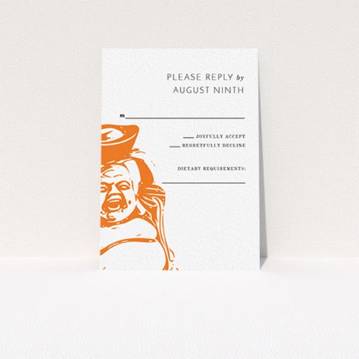 A wedding response card design called "Spiritual orange". It is an A7 card in a portrait orientation. "Spiritual orange" is available as a flat card, with mainly orange colouring.