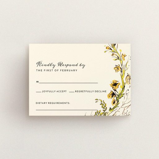 A wedding response card called "Surrounded by the Riverbank". It is an A7 card in a landscape orientation. "Surrounded by the Riverbank" is available as a flat card, with tones of cream and yellow.