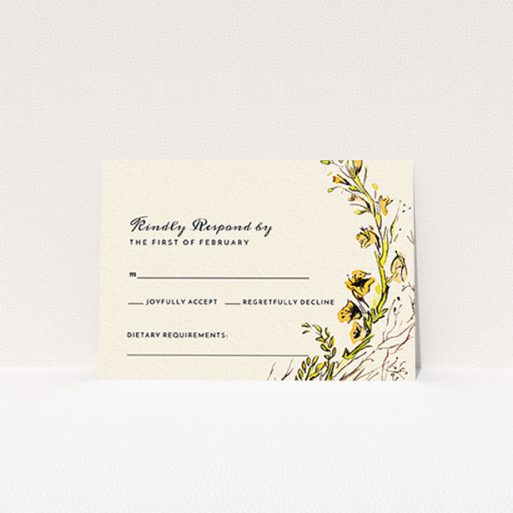 A wedding response card called "Surrounded by the Riverbank". It is an A7 card in a landscape orientation. "Surrounded by the Riverbank" is available as a flat card, with tones of cream and yellow.