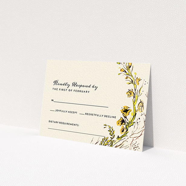 A wedding response card called 'Surrounded by the Riverbank'. It is an A7 card in a landscape orientation. 'Surrounded by the Riverbank' is available as a flat card, with tones of cream and yellow.