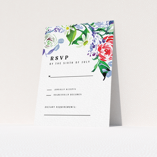 A wedding response card design named "The flowerbed". It is an A7 card in a portrait orientation. "The flowerbed" is available as a flat card, with mainly green colouring.