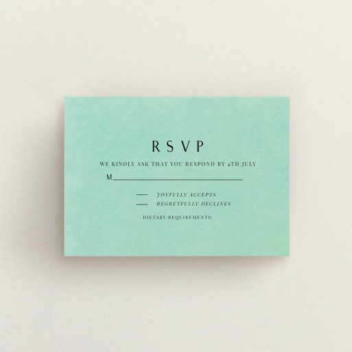 Wedding Response Card Design - "Worn Green" A wedding response card design titled "Worn Green". It is an A7 card in a landscape orientation. "Worn Green" is available as a flat card, with mainly green colouring.