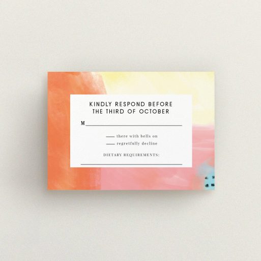Wedding RSVP Card Design Design - "Abstract Colours" A wedding rsvp card design named "Abstract Colours". It is an A7 card in a landscape orientation. "Abstract Colours" is available as a flat card, with tones of orange, red and yellow.