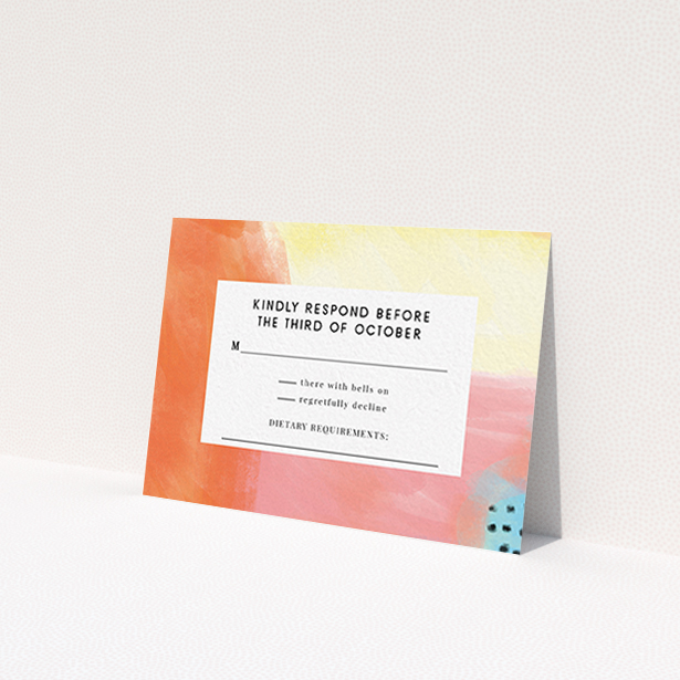 A wedding rsvp card design named 'Abstract Colours'. It is an A7 card in a landscape orientation. 'Abstract Colours' is available as a flat card, with tones of orange, red and yellow.
