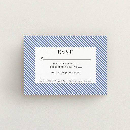 Wedding RSVP Card Design Design - "Between the Lines" A wedding rsvp card template titled "Between the Lines". It is an A7 card in a landscape orientation. "Between the Lines" is available as a flat card, with tones of blue and white.