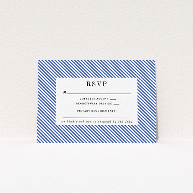 A wedding rsvp card template titled "Between the Lines". It is an A7 card in a landscape orientation. "Between the Lines" is available as a flat card, with tones of blue and white.