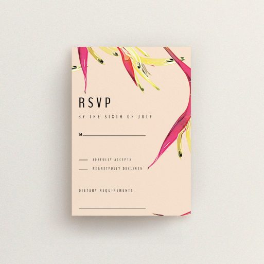 A wedding rsvp card design named "Birds of paradise". It is an A7 card in a portrait orientation. "Birds of paradise" is available as a flat card, with tones of dark cream and red.