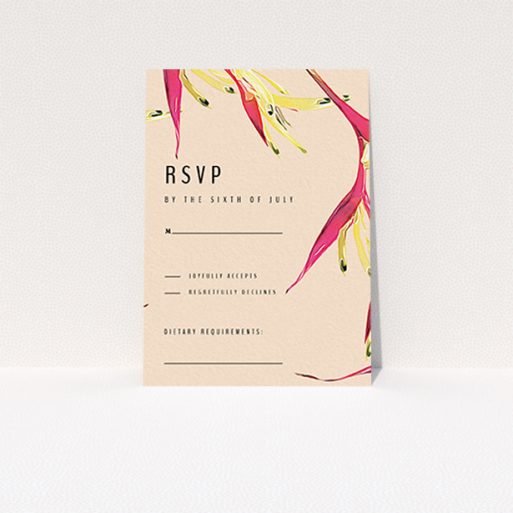 A wedding rsvp card design named "Birds of paradise". It is an A7 card in a portrait orientation. "Birds of paradise" is available as a flat card, with tones of dark cream and red.