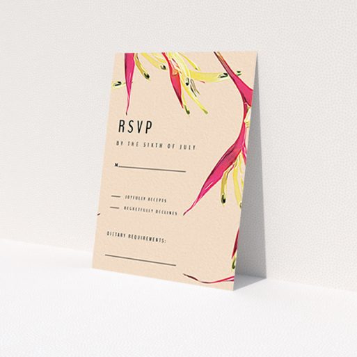 A wedding rsvp card design named 'Birds of paradise'. It is an A7 card in a portrait orientation. 'Birds of paradise' is available as a flat card, with tones of dark cream and red.