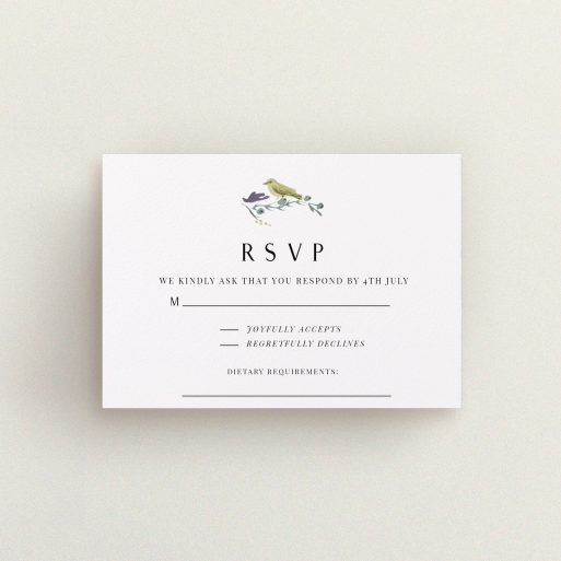 Wedding RSVP Card Design Design - "Birdsong" A wedding rsvp card design titled "Birdsong". It is an A7 card in a landscape orientation. "Birdsong" is available as a flat card, with tones of off-white and yellow.