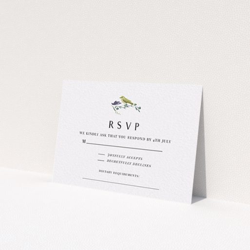 A wedding rsvp card design titled 'Birdsong'. It is an A7 card in a landscape orientation. 'Birdsong' is available as a flat card, with tones of off-white and yellow.