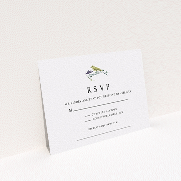A wedding rsvp card design titled "Birdsong". It is an A7 card in a landscape orientation. "Birdsong" is available as a flat card, with tones of off-white and yellow.