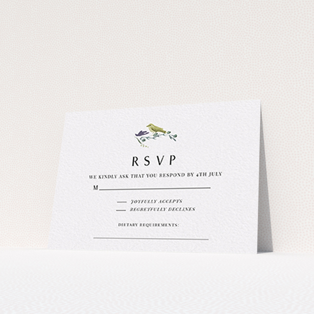 A wedding rsvp card design titled "Birdsong". It is an A7 card in a landscape orientation. "Birdsong" is available as a flat card, with tones of off-white and yellow.