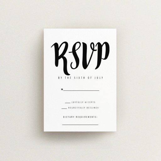 Wedding RSVP Card Design Design - "Black Typography" A wedding rsvp card template titled "Black Typography". It is an A7 card in a portrait orientation. "Black Typography" is available as a flat card, with tones of black and white.