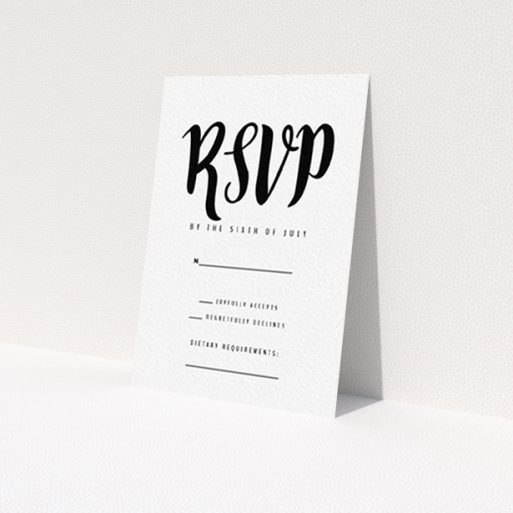 A wedding rsvp card template titled 'Black Typography'. It is an A7 card in a portrait orientation. 'Black Typography' is available as a flat card, with tones of black and white.