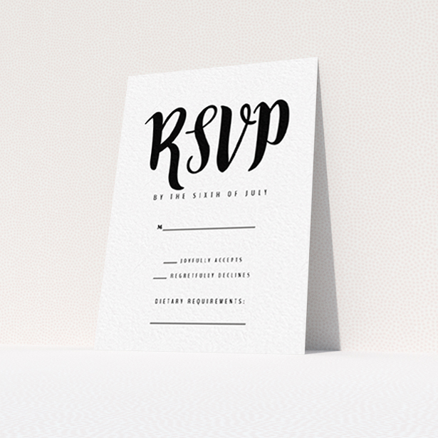 A wedding rsvp card template titled "Black Typography". It is an A7 card in a portrait orientation. "Black Typography" is available as a flat card, with tones of black and white.