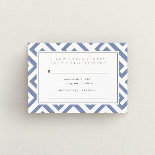 Wedding RSVP Card Design Design - "Blue and white maze" A wedding rsvp card design titled "Blue and white maze". It is an A7 card in a landscape orientation. "Blue and white maze" is available as a flat card, with tones of blue and white.
