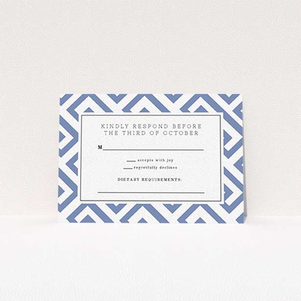 A wedding rsvp card design titled "Blue and white maze". It is an A7 card in a landscape orientation. "Blue and white maze" is available as a flat card, with tones of blue and white.
