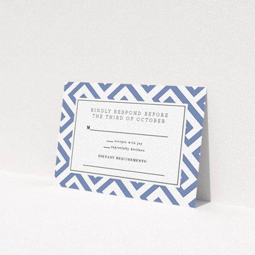 A wedding rsvp card design titled 'Blue and white maze'. It is an A7 card in a landscape orientation. 'Blue and white maze' is available as a flat card, with tones of blue and white.