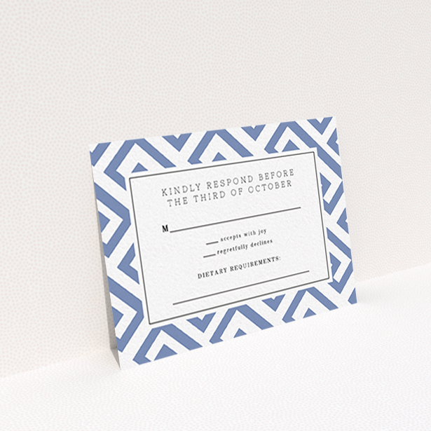 A wedding rsvp card design titled "Blue and white maze". It is an A7 card in a landscape orientation. "Blue and white maze" is available as a flat card, with tones of blue and white.