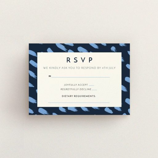 Wedding RSVP Card Design Design - "Blue strokes" A wedding rsvp card design named "Blue strokes". It is an A7 card in a landscape orientation. "Blue strokes" is available as a flat card, with tones of dark blue and light blue.