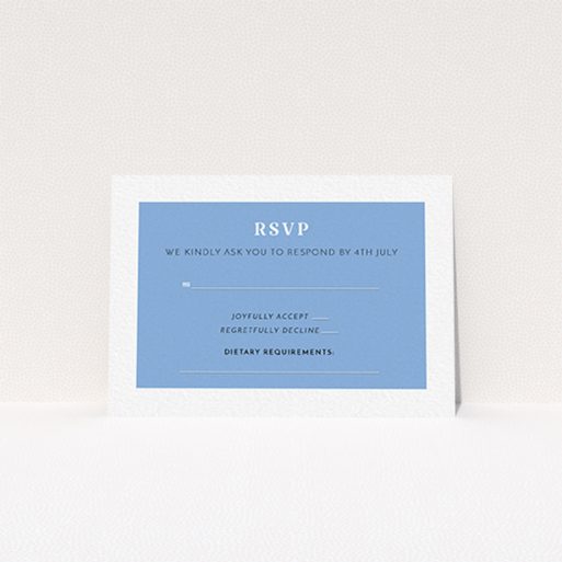 A wedding rsvp card design titled "Bold border". It is an A7 card in a landscape orientation. "Bold border" is available as a flat card, with tones of blue and white.