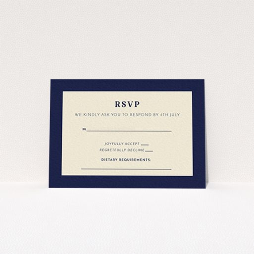 A wedding rsvp card design titled "Bold border". It is an A7 card in a landscape orientation. "Bold border" is available as a flat card, with tones of cream and navy blue.