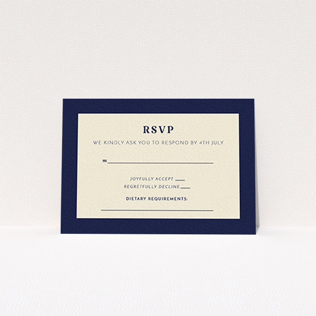 A wedding rsvp card design titled "Bold border". It is an A7 card in a landscape orientation. "Bold border" is available as a flat card, with tones of cream and navy blue.