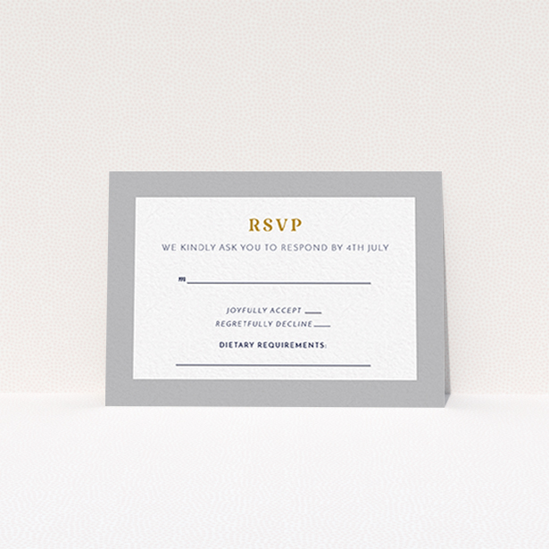 A wedding rsvp card design named "Bold border". It is an A7 card in a landscape orientation. "Bold border" is available as a flat card, with tones of grey and white.