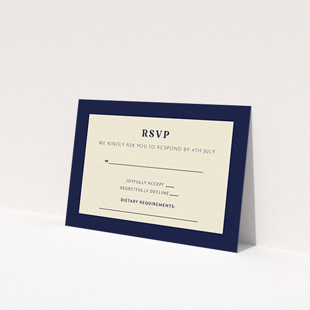 A wedding rsvp card design titled "Bold border". It is an A7 card in a landscape orientation. "Bold border" is available as a flat card, with tones of cream and navy blue.