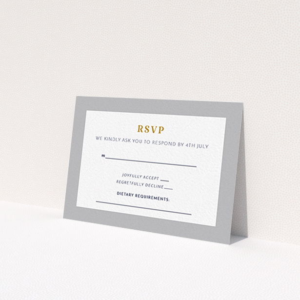 A wedding rsvp card design named "Bold border". It is an A7 card in a landscape orientation. "Bold border" is available as a flat card, with tones of grey and white.