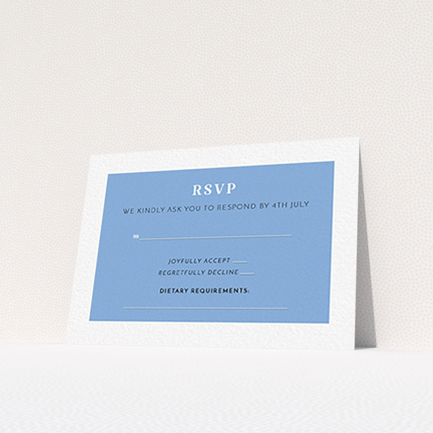 A wedding rsvp card design titled "Bold border". It is an A7 card in a landscape orientation. "Bold border" is available as a flat card, with tones of blue and white.