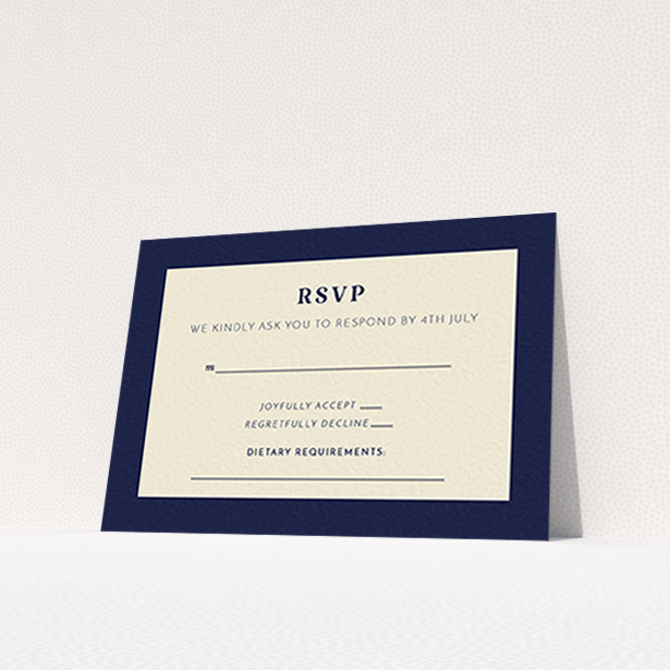 A wedding rsvp card design titled "Bold border". It is an A7 card in a landscape orientation. "Bold border" is available as a flat card, with tones of cream and navy blue.