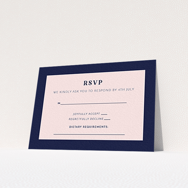 A wedding rsvp card called "Bold border". It is an A7 card in a landscape orientation. "Bold border" is available as a flat card, with tones of navy blue and pink.