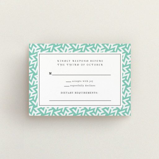 Wedding RSVP Card Design Design - "Born in the 80s" A wedding rsvp card design named "Born in the 80s". It is an A7 card in a landscape orientation. "Born in the 80s" is available as a flat card, with tones of green and white.