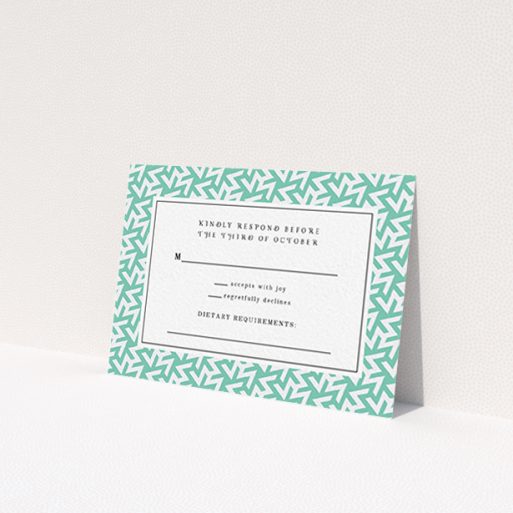 A wedding rsvp card design named 'Born in the 80s'. It is an A7 card in a landscape orientation. 'Born in the 80s' is available as a flat card, with tones of green and white.