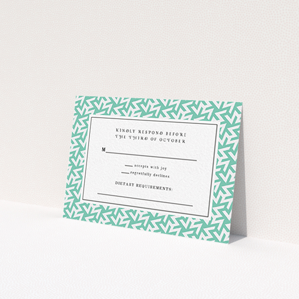 A wedding rsvp card design named "Born in the 80s". It is an A7 card in a landscape orientation. "Born in the 80s" is available as a flat card, with tones of green and white.