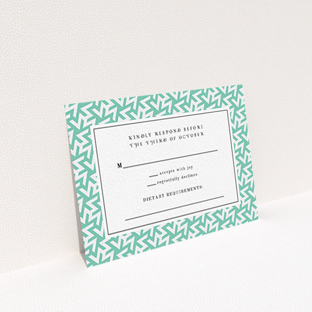 A wedding rsvp card design named "Born in the 80s". It is an A7 card in a landscape orientation. "Born in the 80s" is available as a flat card, with tones of green and white.